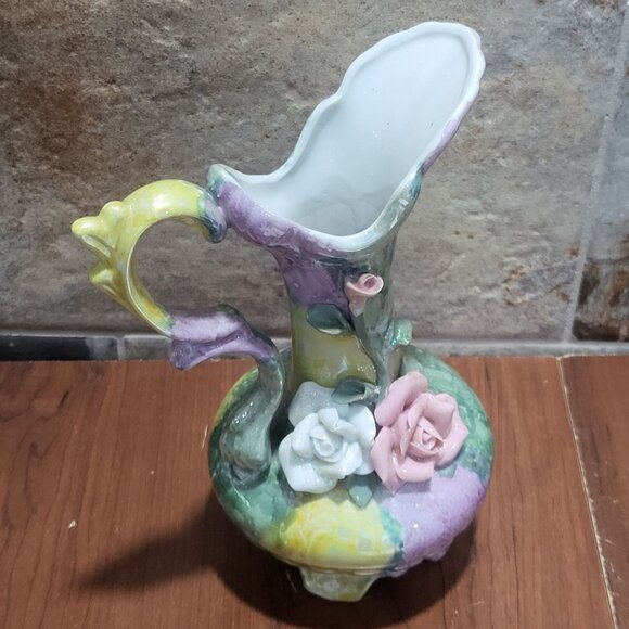 Vintage Floral Rose Pitcher Footed Vase With Handle - Picture 9 of 12